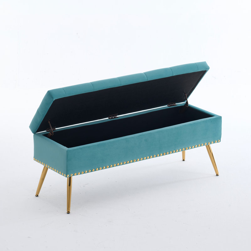 Banc repose-pieds en velours avec rangement, Sauge, H 18 po x l 46 po x P 15,5 po