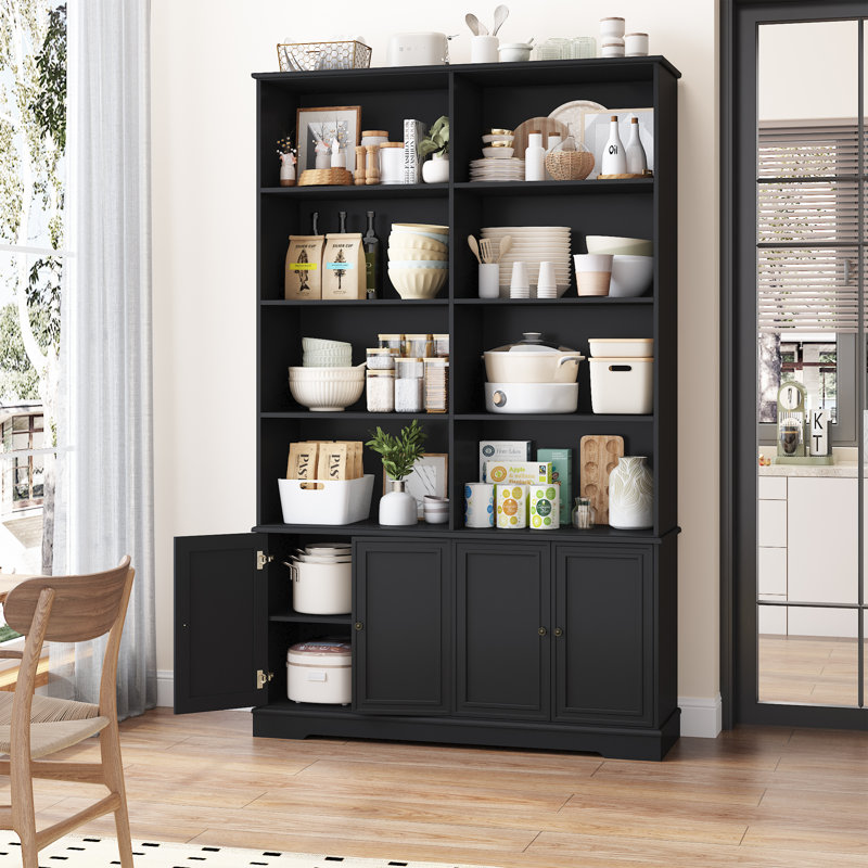 72.8" H x 47.2" W Mid-Century Modern Wood Bookcase with 4 Doors, Double Row Library Storage, Black