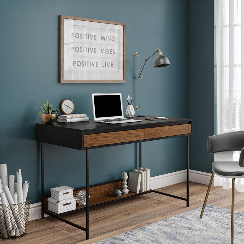 Black and Brown MDF Computer Desk with USB Port and Drawers