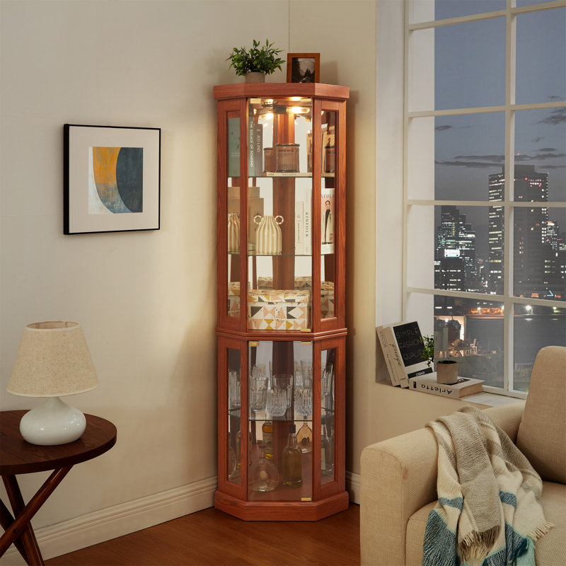 Lighted Corner Curio Cabinet - Display Case for Living Room, Antique Collectibles, Wine & Bar Glass Storage - Elegant Corner Design with Lights Included