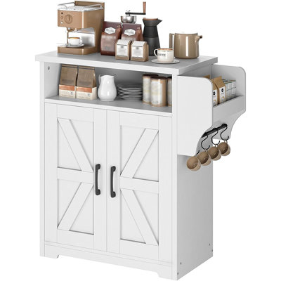 Coffee Bar & Sideboard Cabinet – Farmhouse Kitchen Storage With Floating Shelf & Hooks, White by Ophelia & Co.