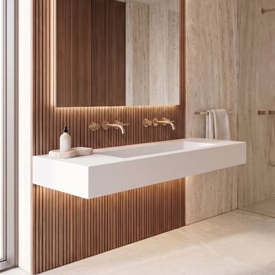 Pyramid 60" Wall Mounted Rectangular Solid Surface Bathroom Trough Sink in Matte Finish - White, No Faucet Holes