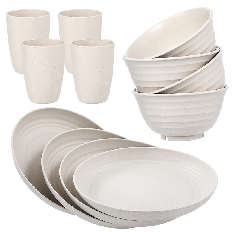 Ensemble 12 pièces de vaisselle en paille de blé, assiettes en paille de blé et ensembles de bols pour 4 micro-ondes allant au lave-vaisselle