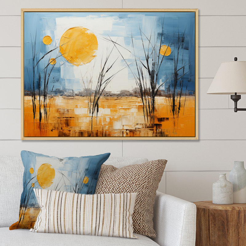 Jaune, bleu, prairies, or et ciel, sur toile, Cadre naturel flottant, H 30 po x l 40 po x P 1,5 po