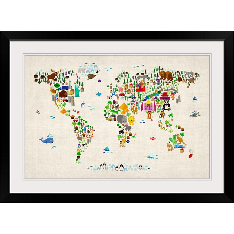 «Animal World Map» par Correen, impression, H 20 po x l 26 po x P 1 po, Cadre noir