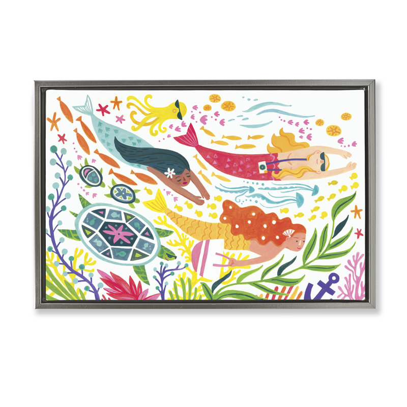 Toile flottante encadrée de sirènes sous-marines par Irene Chan, H 17 po x l 25 po, Cadre flottant métallique doré