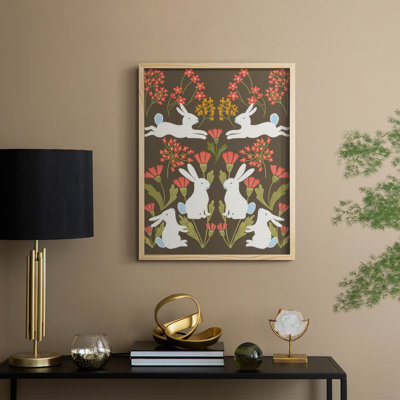 Folk Flower and Rabbit II Framed Print - Solid Wood