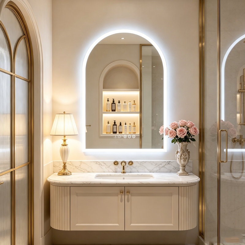 Beveled LED Backlit Bathroom Mirror with Lights, Date & Time Display, Anti-fog, Dimmable, Memory Function, Shatterproof IP56