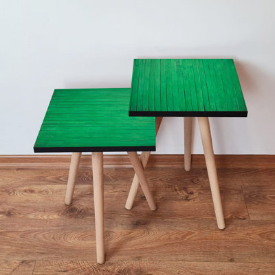 Modern Nesting Table Set (2 Pieces), Green & Black, 13.8 x 18.5 x 13.8 inches | 100% MDF with Beech Wood Legs, Thickness: 0.71 inches | Stylish Geometric Design, Perfect for Living Room & Contemporary Spaces