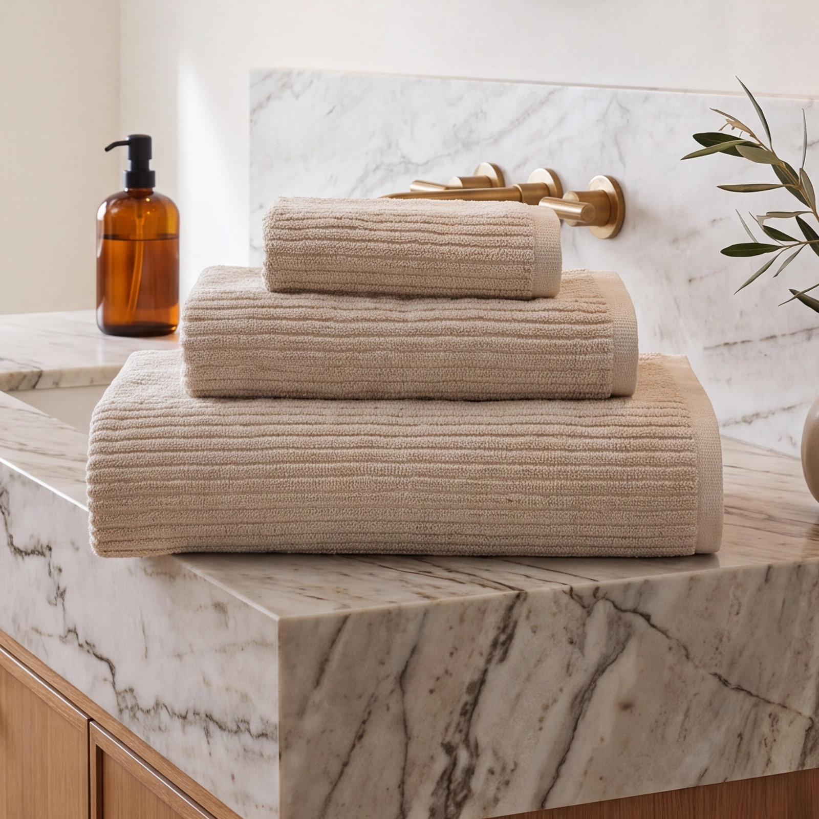 Amberg 3-Piece Ribbed Cotton Towel Set, Beige
