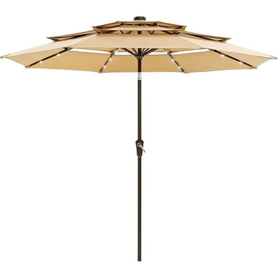 9' Solar Patio Umbrella with LED Lights, 3-Tier Ventilated Outdoor Market Umbrella with Crank Lift & Tilt, UV-Resistant Polyester Canopy, 8-Rib Steel Frame for Patio, Deck, Pool, and Garden