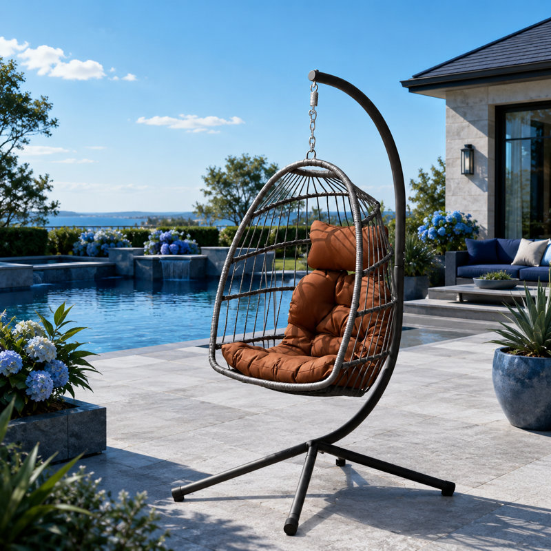 Fauteuil à œufs suspendu d'extérieur avec support, balancelle en osier PE avec coussin et coussin, Brown