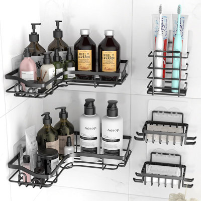 Serviteur de douche d'angle en acier inoxydable antirouille, tablettes de douche murales sans perçage pour la salle de bain et la cuisine, conception compacte en forme de L, ensemble de 5 pièces