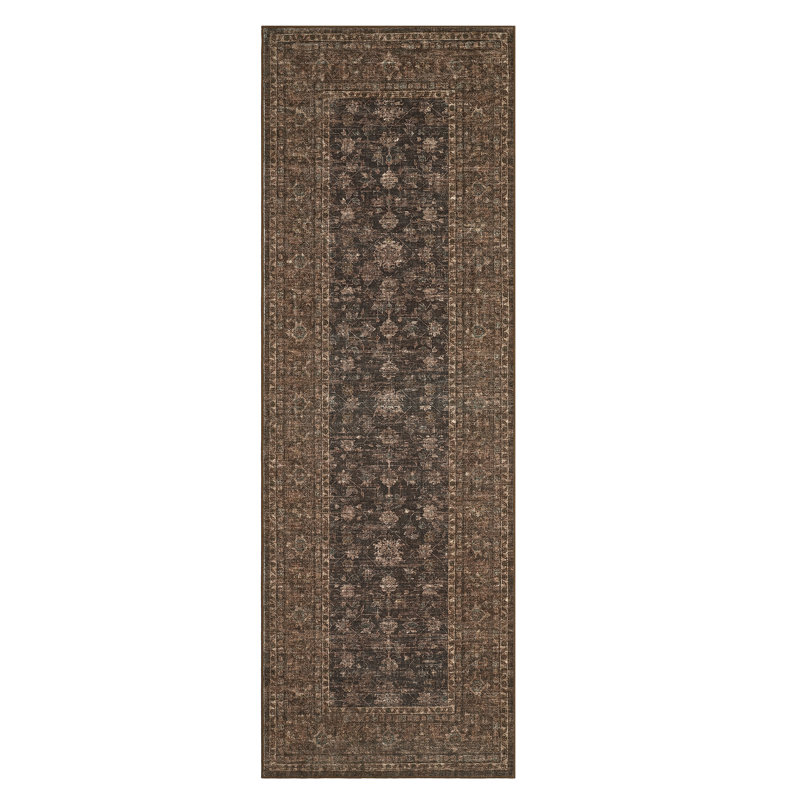 Distressed Hallway Runner Rug 2x6 Vintage Floral Kitchen Rugs Non-Slip Backing Non Shedding Carpet Runner Foldable Floor Cover for Laundry Bedroom Brown