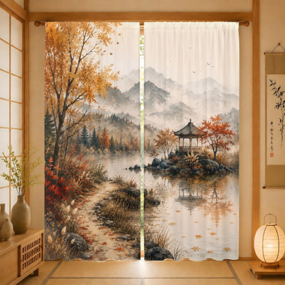 2Pcs Misty Mountain Landscape Curtains, Oriental Style Pagoda Scenery Print, Light Filtering Fabric, Decorative for Living Room Bedroom Balcony Kitchen Home