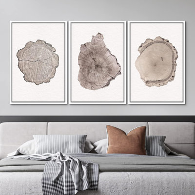 Tree Ring Brown Wood Texture Closeup Neutral Decor Framed On Canvas 3 Pieces Print Wall Art