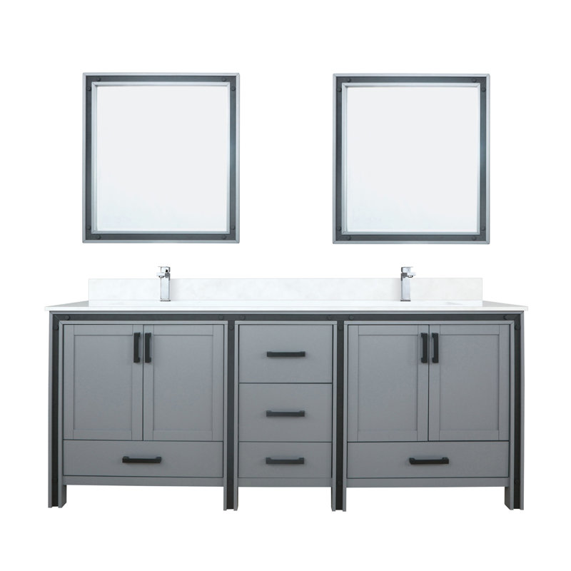 Ziva 80 in W x 22 in D Double Bath Vanity, White Top, 30 in Mirrors and Chrome Faucet Set, Dark Gray, White Cultured Marble
