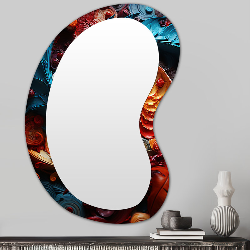 Ertekin Orange and blue fractal spiral  - Abstract Spirals Unique Shape Decorative Mirror, Modern Asymmetrical Wall Mirror, Printed Metal Art