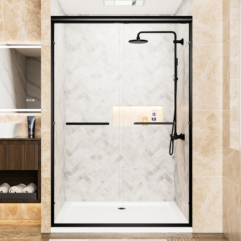 Matte Black Aluminum Frame48" X 72"Double Sliding Shower Doorclear Tempered Glassanti-Rustwaterproofreversible Setupbathroom 48" W 72" H Double Door Of Aluminum, 1/4"  6Mm  Clear Glass With Shatter
