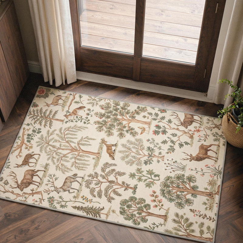 Eden Floral Machine Washable Brown / Beige Indoor Area Rug with Non-Slip Backing, Round 5'