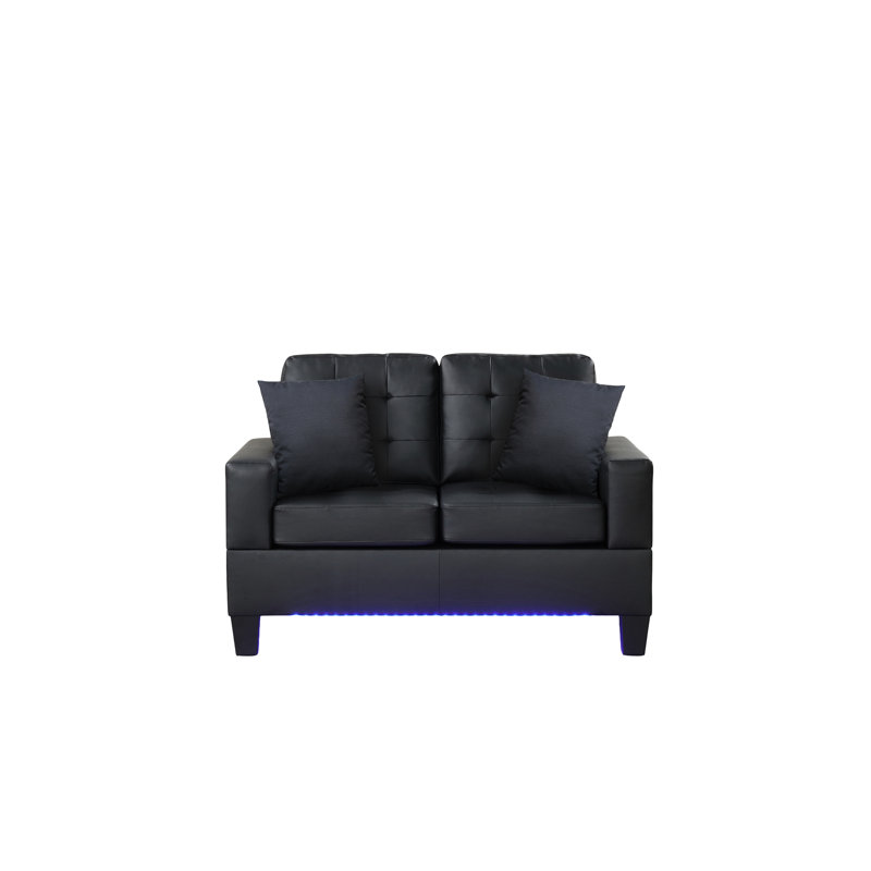 Genèse en tissu noir avec lumières à DEL, fonction de charge, console de rangement, porte-gobelets et dossiers, salon élégant avec luminosité, option, coussins décoratifs de la console