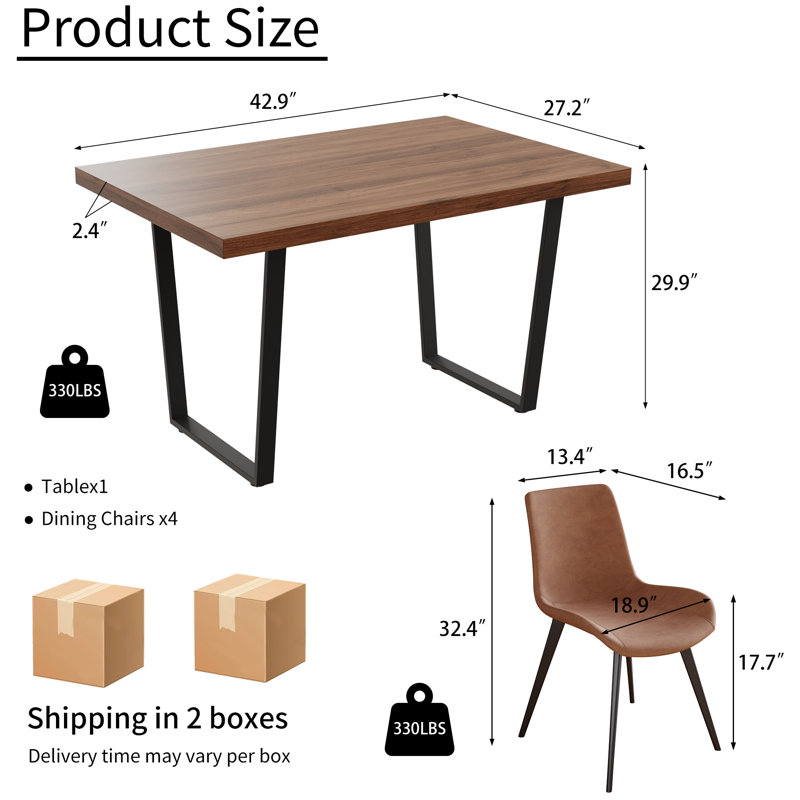 Modern 5-piece Dining Set, Faux Leather Chairs & Metal Legs, Brown