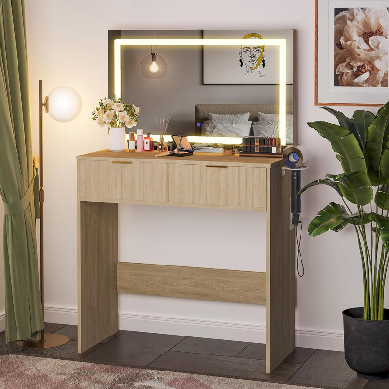 Coiffeuse à maquillage moderne cannelée avec miroir à DEL et prise de courant USB et séchoir à cheveux avec 2 tiroirs pour la chambre à coucher