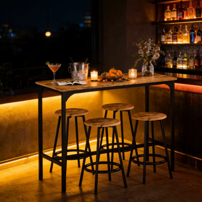 Table de cuisine et 4 chaises au charme industriel, brun rustique, métal noir, peu encombrant, fabrication, assemblage requis 5 tabourets de bar pour la cuisine, look, bois, patins réglables