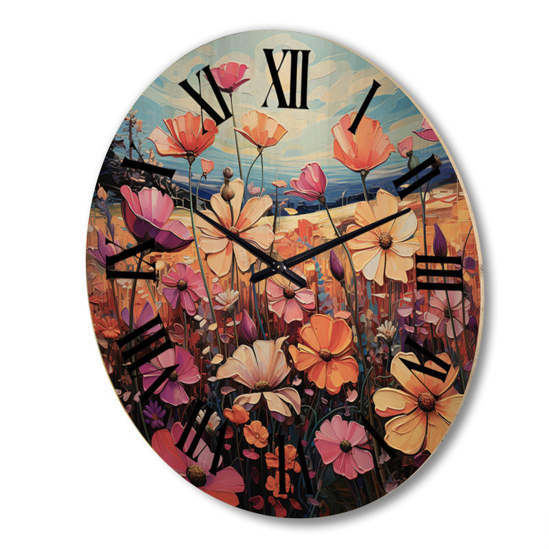 Horloge murale surdimensionnée en bois mauve et jaune Wildflowers Symphony, Très grand