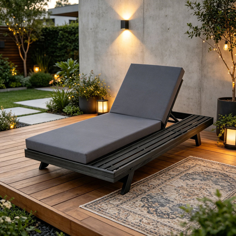 Acacia Wood Lounge Chaise With Water-Resistant Lounge Cushions, Dark Grey & 2 Inch Thick1