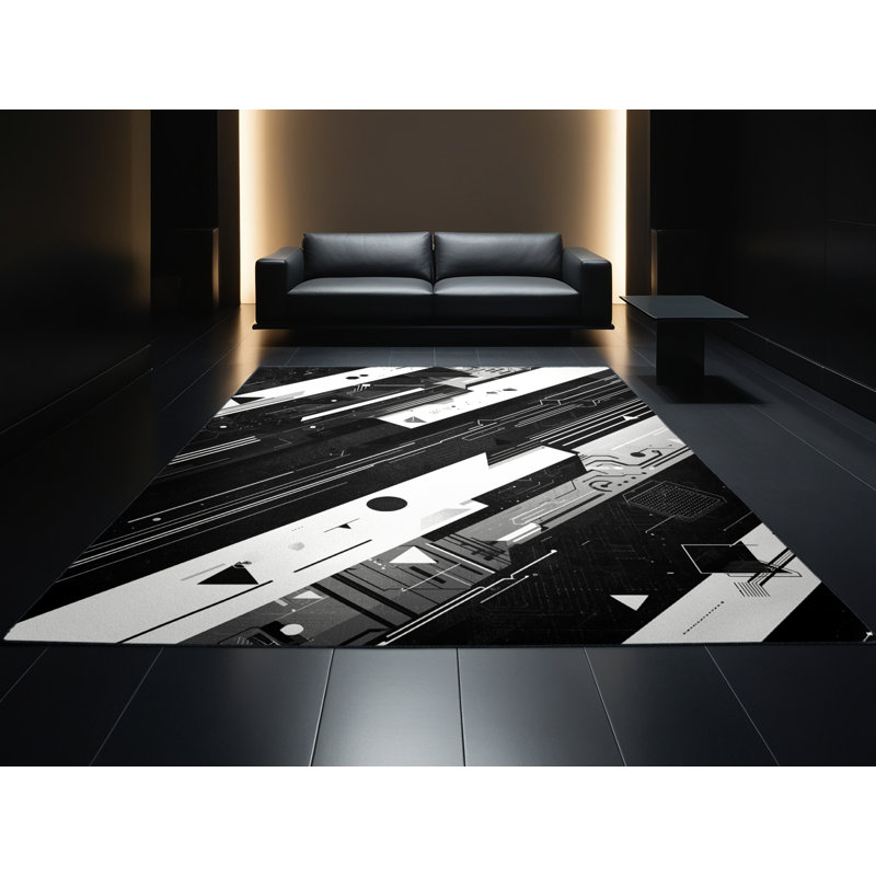 Tapis noir à motif géométrique lavable à la machine Wynsum, 5' Round