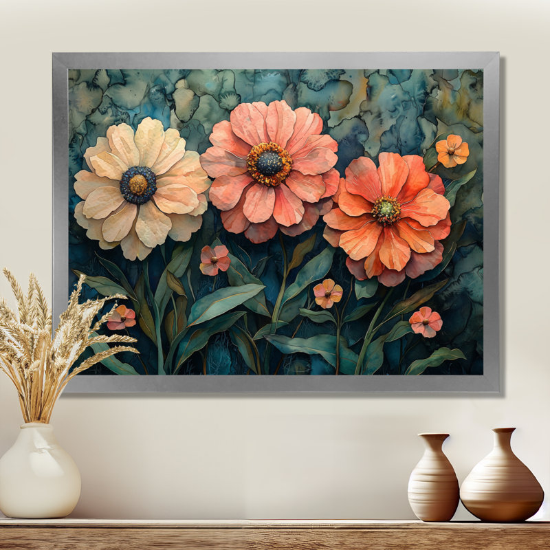 «Ilaina Zinnias Summer Petals In The Breeze III», art mural Zinnias, H 24 po x l 32 po, Argent argent