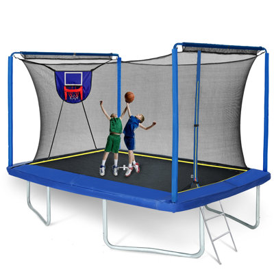 Trampoline rectangulaire avec planche de basketball, gonfleur de balles et échelle bleue testée par la norme ASTM et certifiée par la CCP