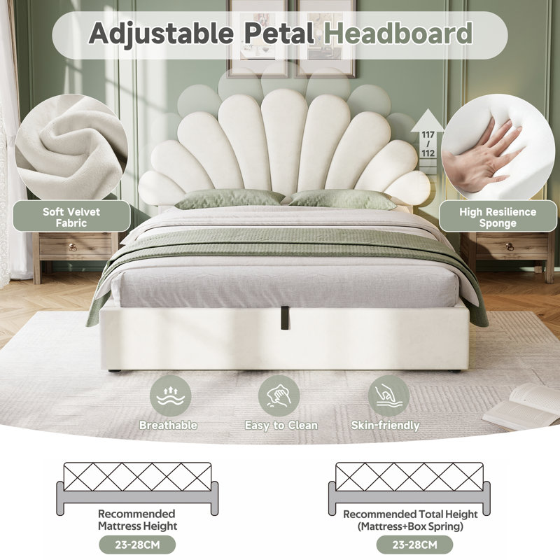 Velvet Upholstered Hydraulic Storage Bed With Adjustable Headboard (No Mattress), Double (4'6), Pink