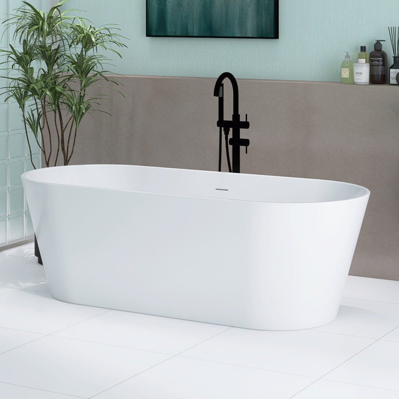 66.9" X 28.7" Freestanding Glossy White Acrylic Soaking Bathtub With Drain