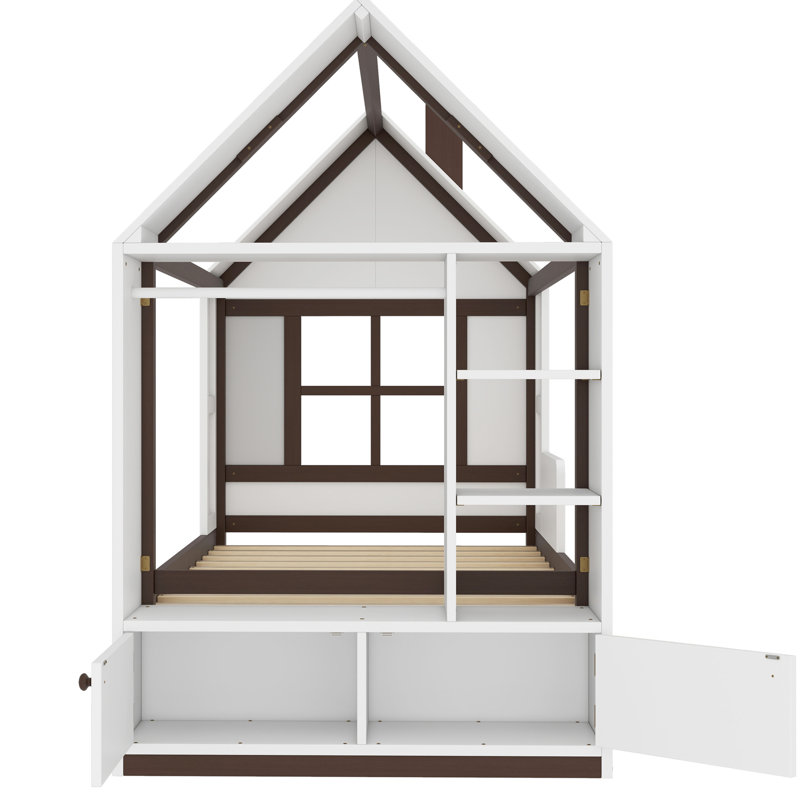 Lit plateforme simple en bois massif avec tiroirs et tablettes, blanc et chambre à coucher confortable et imaginative en bois, espace douillet organisé