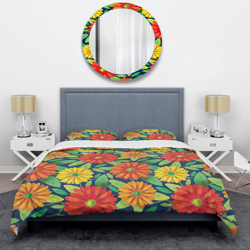 Ensemble de housse de couette en microfibre orange / jaune / vert, Housse de couette pour grand lit et 2 taies décor