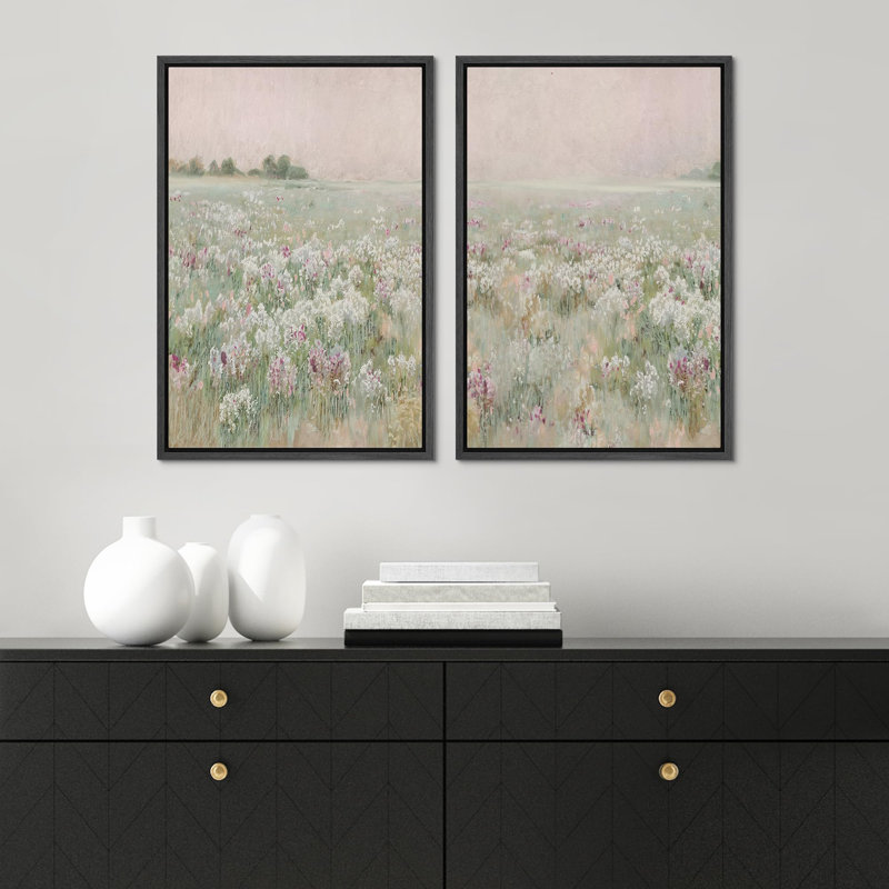 Wildflowers " Serene Meadow Field Pastel Floral Landscape In Hazy Dawn Light Modern Art Wall Decor Artwork " 2 - Pieces