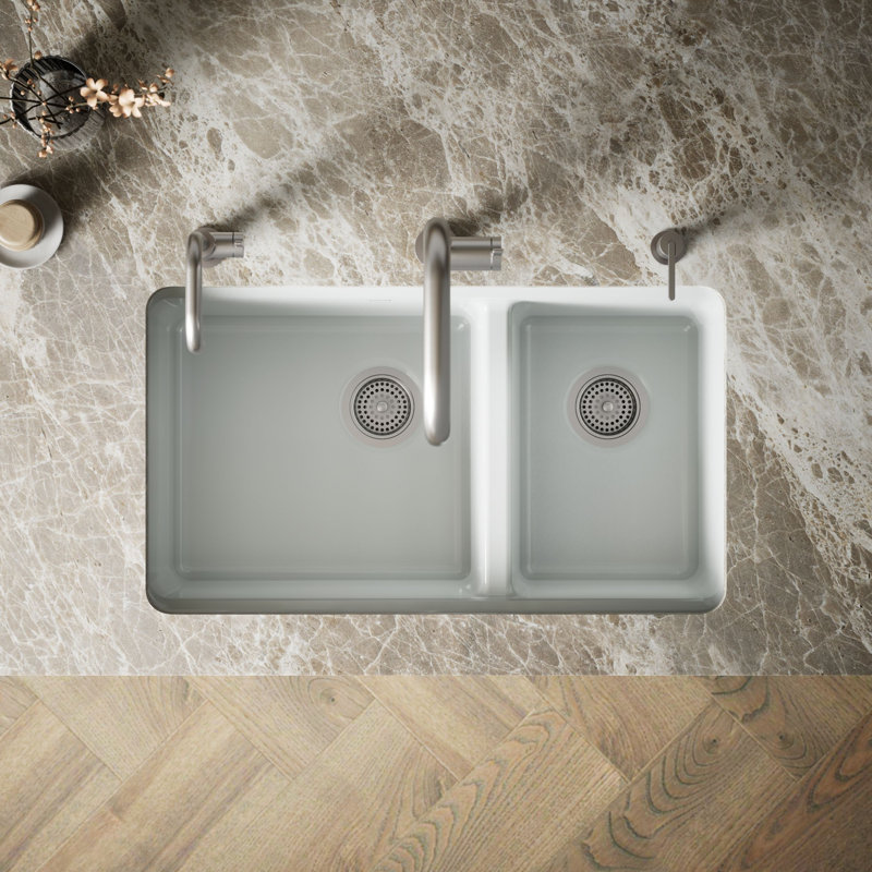 Riverby 33" Enameled Cast Iron Undermount Double Basin Kitchen Sink, Ice Gray