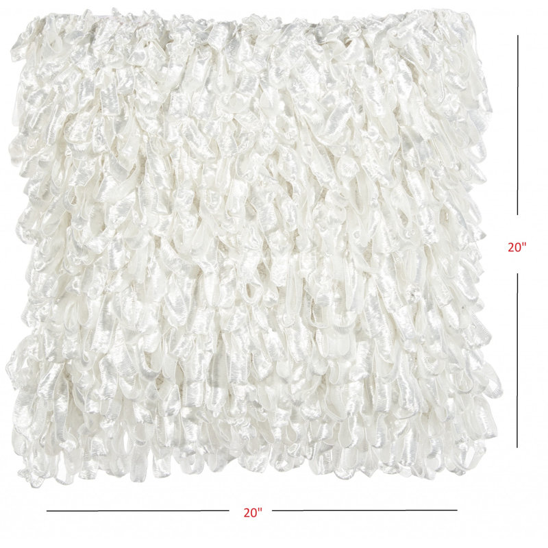 20" Throw Pillow With Shaggy Ribbon Ruffles, White