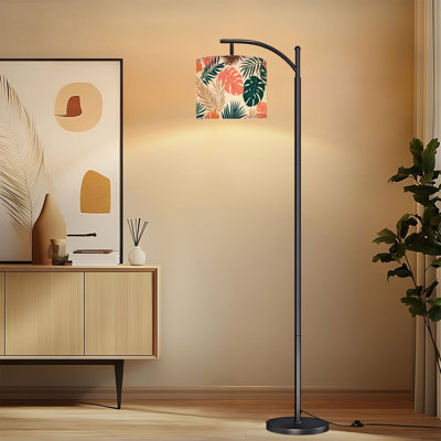 Lampe sur pied à arc avec abat-jour réglable Feuilles tropicales sans soudure Monstera Palm Fronds Corail bleu sarcelle Lampe sur pied beige