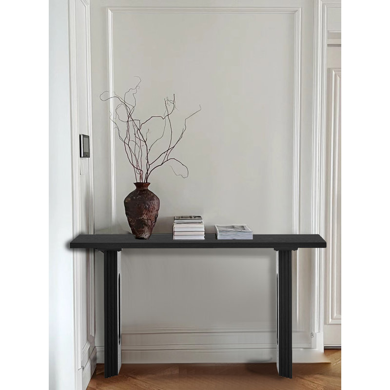 59" Wooden Console Table with Round Hollow Legs,Modern Entryway Table,Sofa Table, Black/Natural Wood