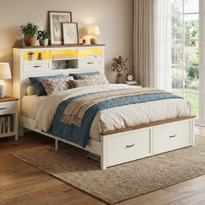 51.3" Farmhouse Storage Headboard Bed Frame (4 Drawers, Led, Charging Station, Noise-Free, No Box Spring)
