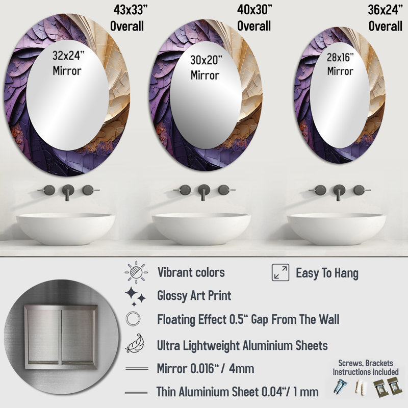 Beige Purple Minimalism Spiral Poteries - Modern Oval Wall Mirror, 36" x 24"