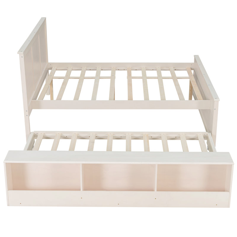 Full-Size Wooden Platform Bed with Pull-Out Trundle and Storage Cabinet – Cream White, White, Full