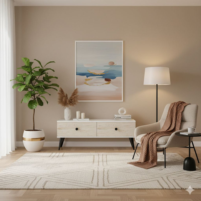 Modern TV Stand with Wall-Mount Option, White & Travertine, 47.2 x 15.9 x 12.6 inches | 100% Melamine Coated Particle Board, Thickness: 0.7 inches | Sleek Scandinavian Design, Perfect for Contemporary Living Rooms
