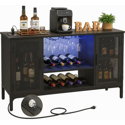 Meuble-bar à vin et à café de luxe avec casier à bouteilles, éclairage DEL et prises électriques