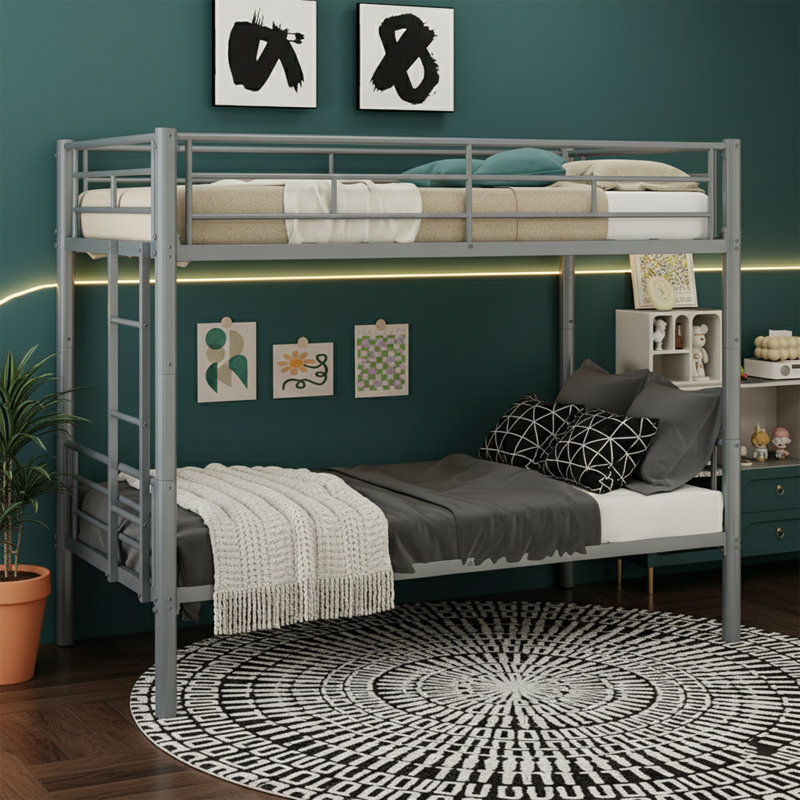 77'' L Twin Over Twin Metal Bunk Bed, Convertible To 2 Beds, Black Steel Frame, 350 Lbs Capacity, Gray