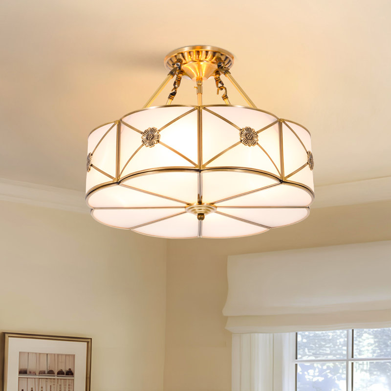 17.3" 4-Light Gold Semi-Flush Mount Chandelier with Glass Shade, E26 Ceiling Light, 14" H x 17" W x 17" D