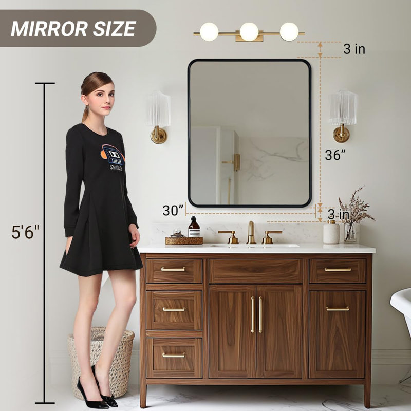 Contemporary Rounded Rectangular Bathroom Vanity Mirror| Aluminum U-Tube Frame, 36" x 30", Matte Black